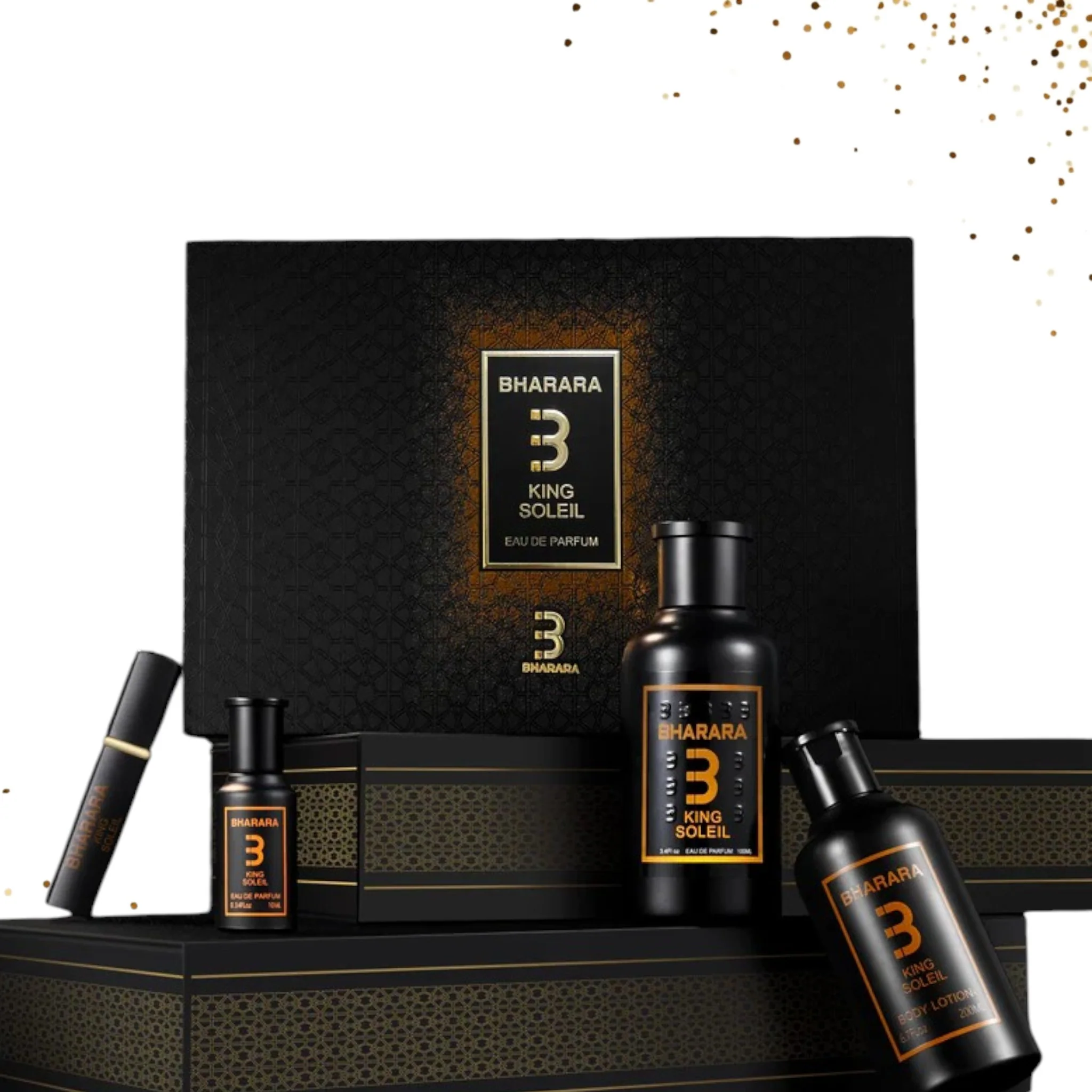 Bharara-King-Soleil-Gift-Set-4-Pcs (1) Bharara Set King Soleil 100ml + 10ml + Crema 200ml + Perfumero - Imagen 1